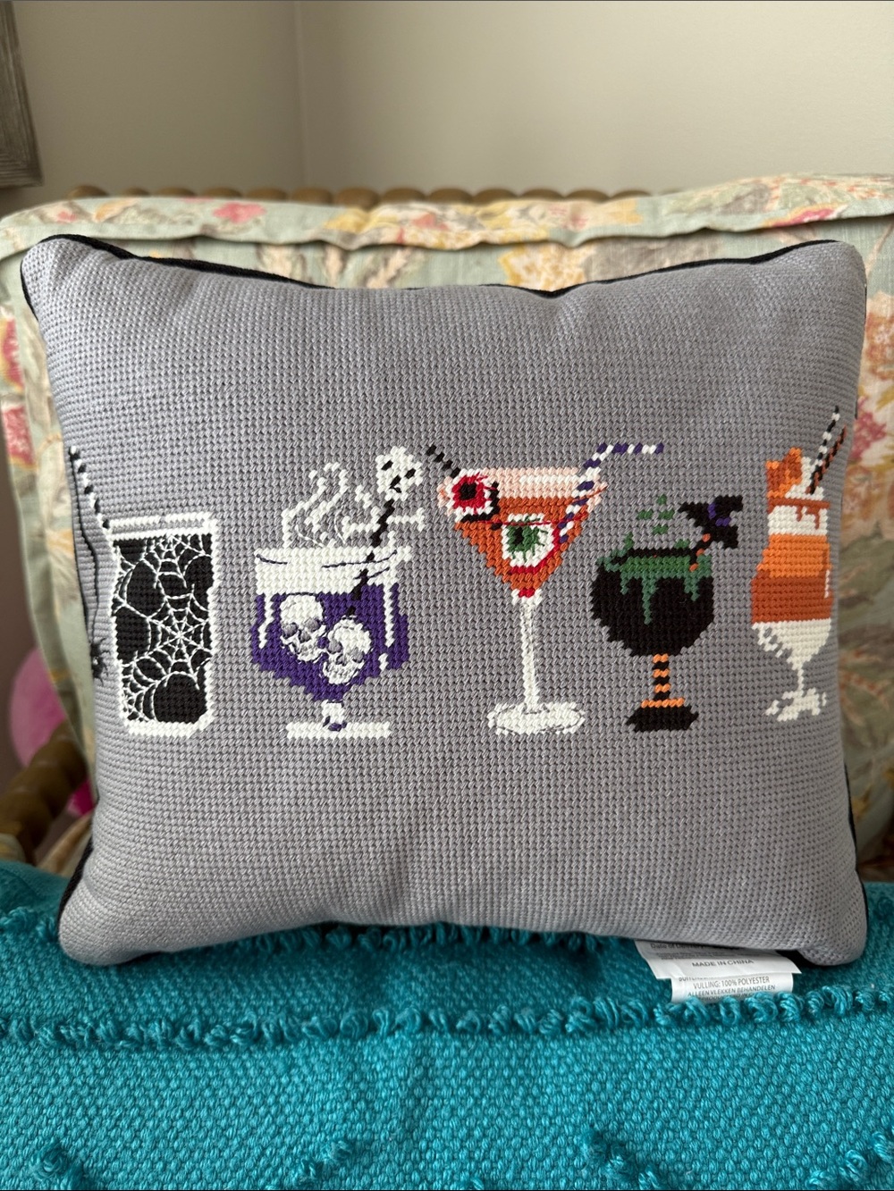 Gray Halloween Cocktail Cross-Stitch Holiday Pillow